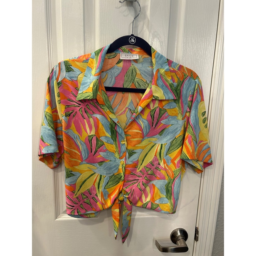 Sage The Label Top Multicolor Tropical Floral Tie Front Cropped Blouse